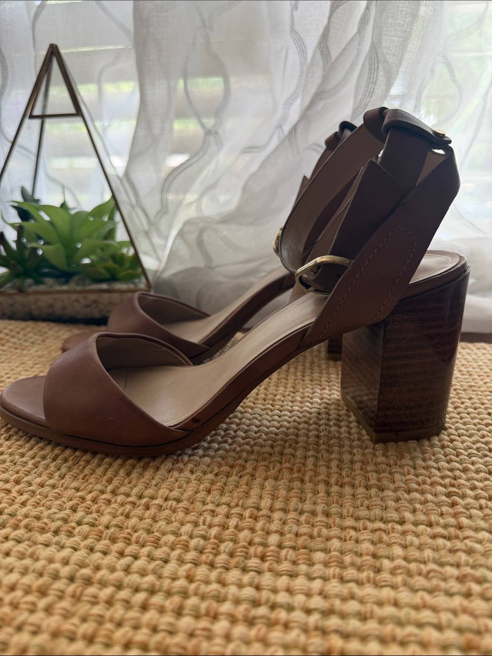 Aldo Brown Leather Block Heel Ankle Strap Sandals